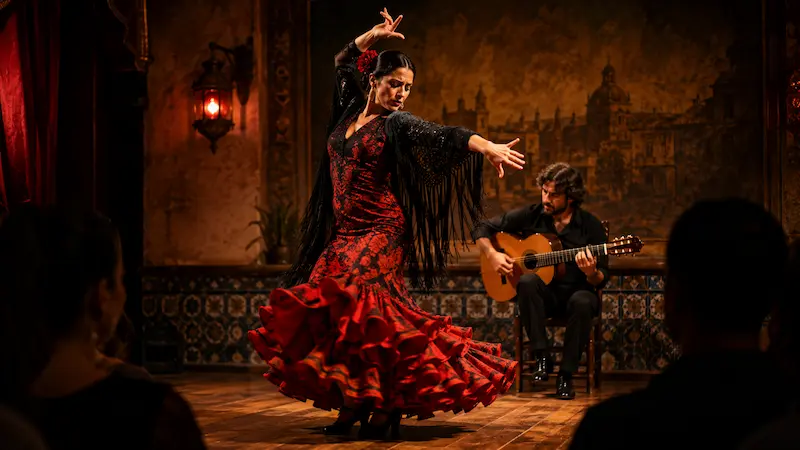 Bailaora de flamenco en escena con un guitarrista durante una función en vivo