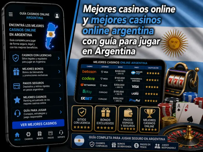 Imagen ilustrativa con celulares, bandera argentina, fichas, ruleta y ranking de casinos online.