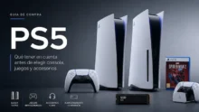 Portada sobre PS5 con consolas, controles, caja de juego, SSD y textos de guía de compra