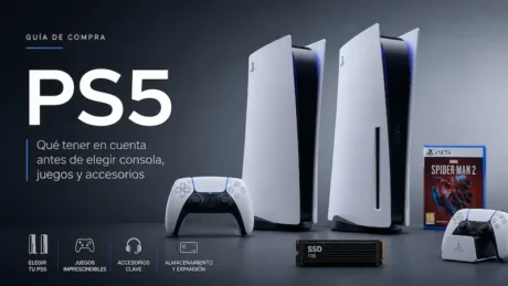Portada sobre PS5 con consolas, controles, caja de juego, SSD y textos de guía de compra
