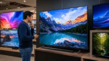 Hombre observa televisores en exhibición dentro de un local de tecnología