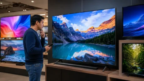 Hombre observa televisores en exhibición dentro de un local de tecnología