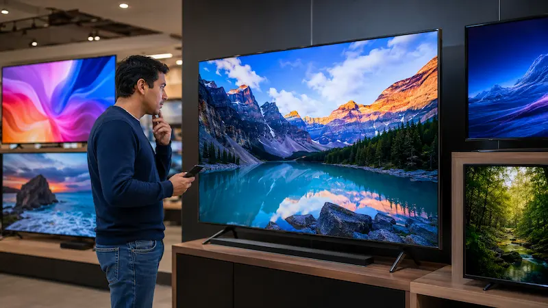 Hombre observa televisores en exhibición dentro de un local de tecnología