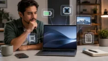Hombre observa una laptop en un escritorio con iconos de batería, procesador y checklist alrededor.