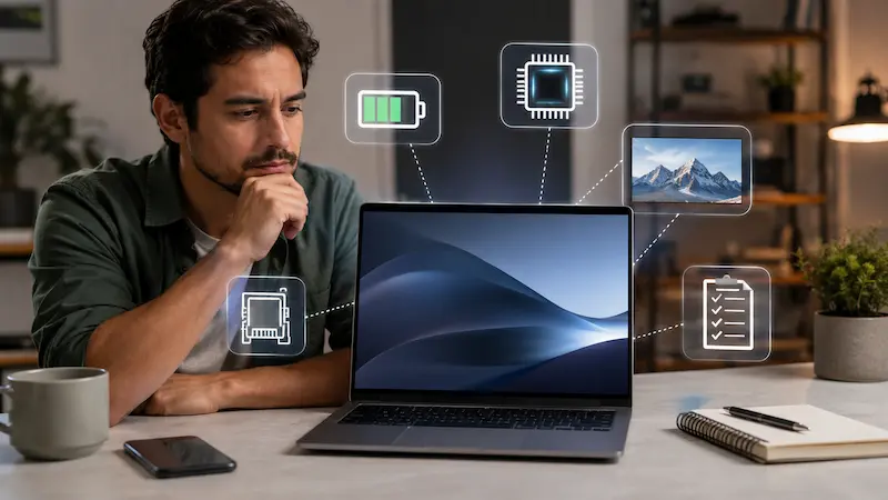 Hombre observa una laptop en un escritorio con iconos de batería, procesador y checklist alrededor.