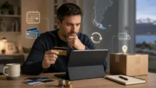 Hombre revisa una compra online con tarjeta, caja de envío e íconos de pago y entrega