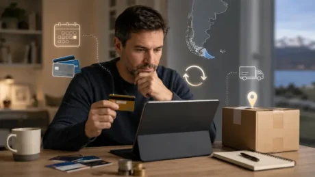 Hombre revisa una compra online con tarjeta, caja de envío e íconos de pago y entrega