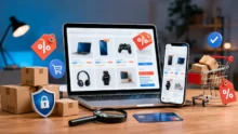 Notebook y celular con tienda online, cajas, carrito, tarjeta y símbolos de descuentos y seguridadNotebook y celular con tienda online, cajas, carrito, tarjeta y símbolos de descuentos y seguridad