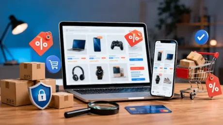 Notebook y celular con tienda online, cajas, carrito, tarjeta y símbolos de descuentos y seguridadNotebook y celular con tienda online, cajas, carrito, tarjeta y símbolos de descuentos y seguridad