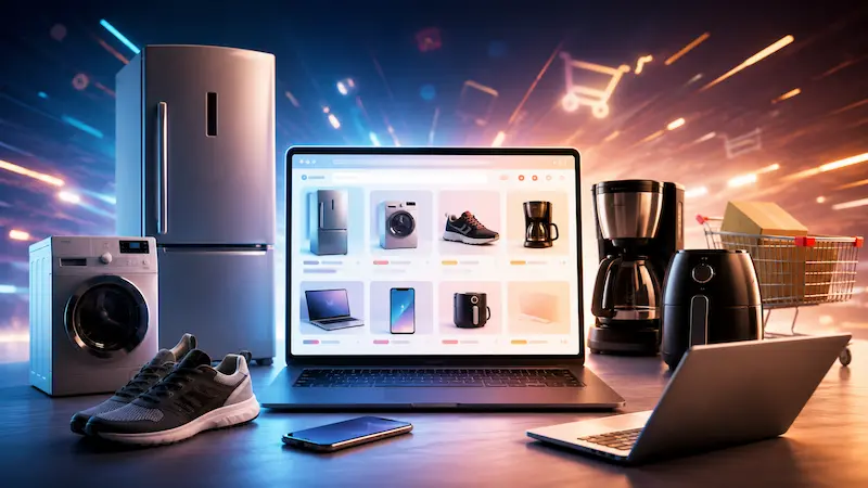 Laptop con tienda online rodeada de electrodomésticos, zapatillas, celular y carrito de compras