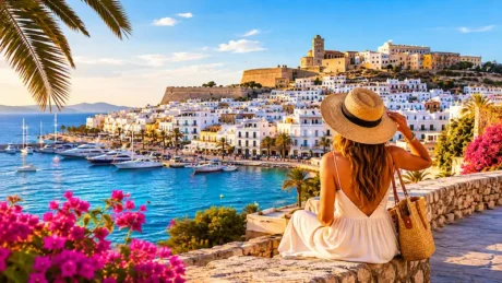 Vista costera de Ibiza con puerto, casas blancas, Dalt Vila y una mujer sentada de espaldas