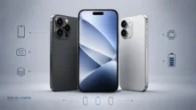 Tres smartphones modernos con íconos de cámara, batería, almacenamiento y pantalla