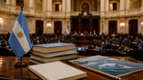 Bandera argentina, libros y cuaderno sobre una mesa frente a un recinto legislativo desenfocado
