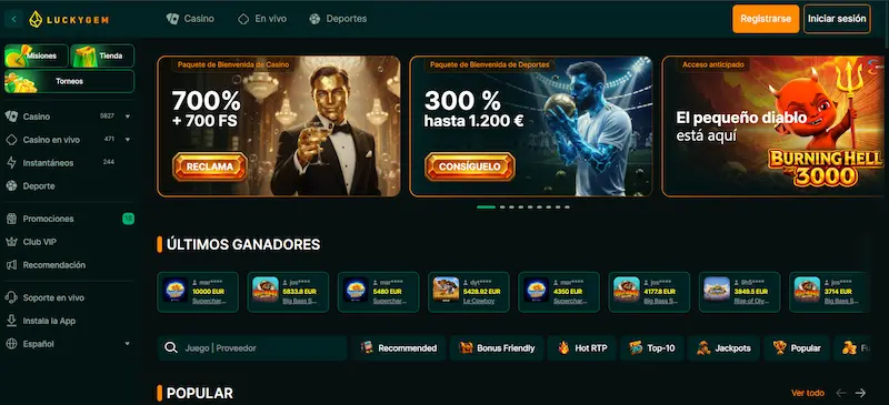Captura de Luckygem con bonos destacados, últimos ganadores y menú de casino