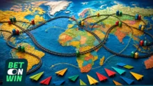 Mapa mundial con vías, casas, aviones de papel y logo de Bet On Win