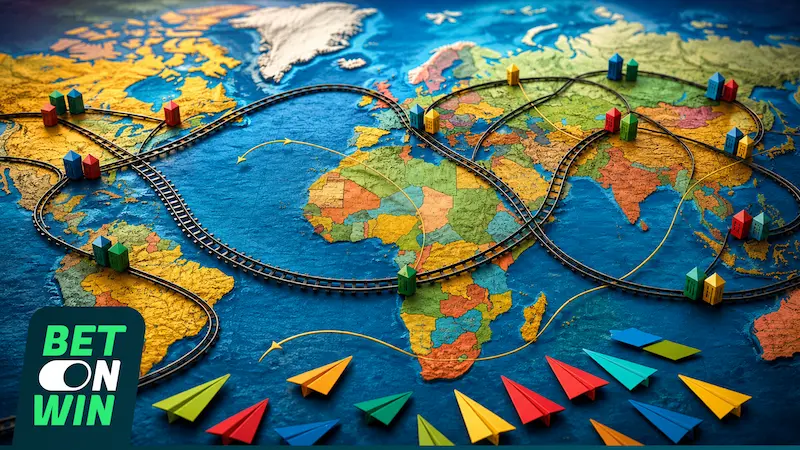 Mapa mundial con vías, casas, aviones de papel y logo de Bet On Win