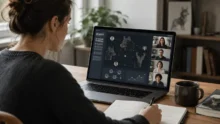 Persona estudia online frente a una laptop con gráficos de comunidad y siluetas de animales