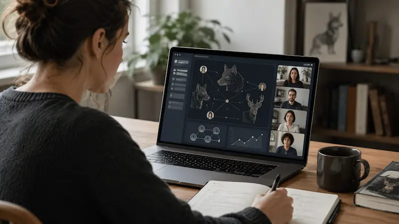 Persona estudia online frente a una laptop con gráficos de comunidad y siluetas de animales
