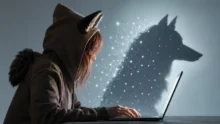 Persona con capucha con orejas animales usa una laptop junto a una silueta digital de lobo