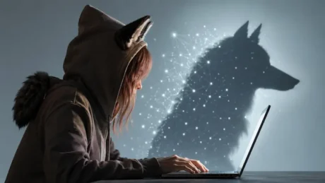 Persona con capucha con orejas animales usa una laptop junto a una silueta digital de lobo