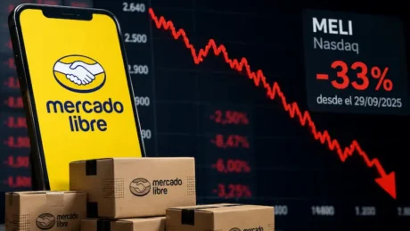 Celular con logo de Mercado Libre, cajas y gráfico bursátil rojo con caída de MELI.