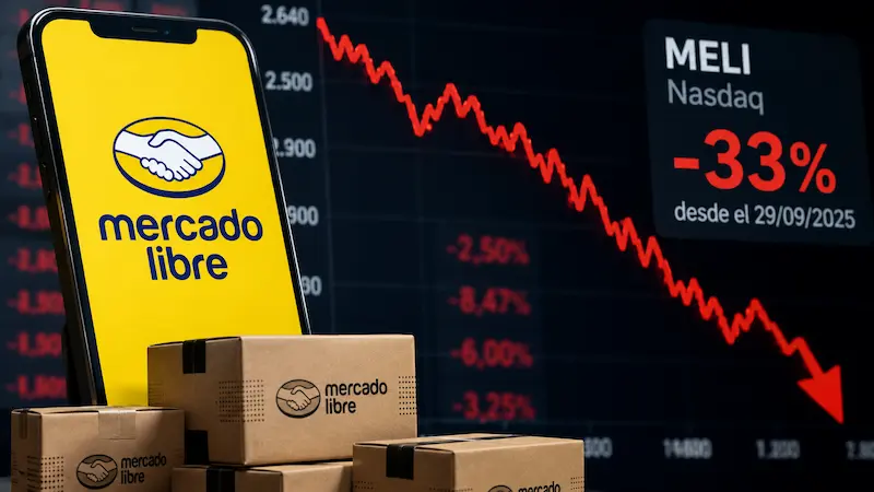 Celular con logo de Mercado Libre, cajas y gráfico bursátil rojo con caída de MELI.