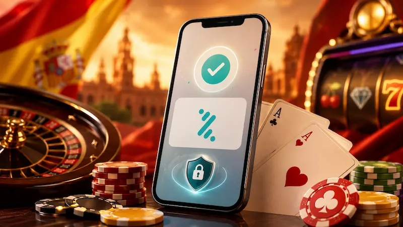Móvil con iconos de pago seguro entre fichas, cartas, ruleta y símbolos de casino