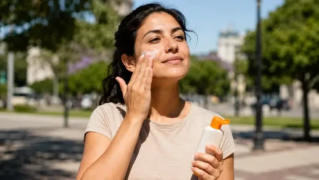 Mujer aplicándose protector solar en el rostro durante un día soleado al aire libre
