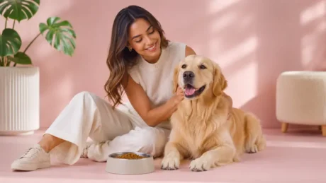 Mujer acaricia a un golden retriever junto a un bowl con alimento seco en un ambiente pastel