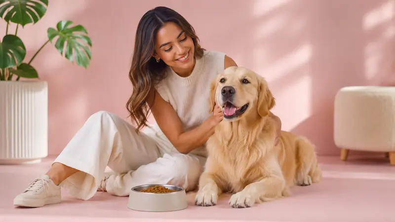 Mujer acaricia a un golden retriever junto a un bowl con alimento seco en un ambiente pastel