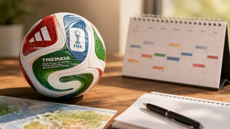 Pelota Trionda junto a un calendario, un cuaderno, una lapicera y un mapa sobre una mesa