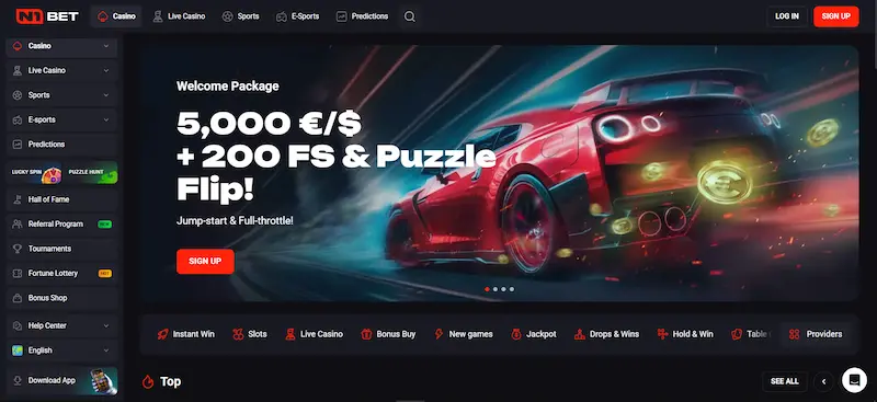 Captura de N1 Bet con paquete de bienvenida y menú de casino y deportes
