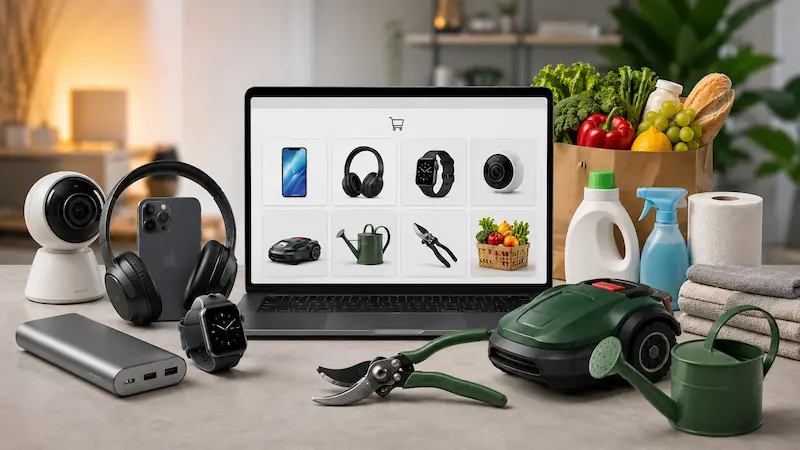 Laptop mit Online-Shop-Oberfläche, umgeben von Elektronik, Gartenartikeln, Lebensmitteln und Haushaltswaren