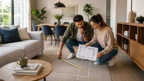 Pareja mide el espacio de un living mientras revisa un plano con muebles y distribución del ambiente