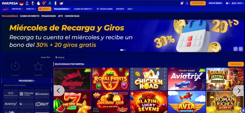 Captura de Paripesa con promoción de recarga y grilla de juegos de casino