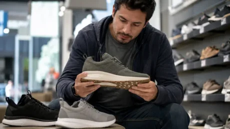 Hombre observa la suela de una zapatilla en una tienda de calzado