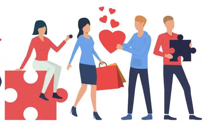 Ilustración de personas con corazones, bolsas y piezas de rompecabezas