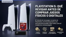 Consolas PlayStation 5, control DualSense, juego físico y unidad SSD sobre fondo oscuro