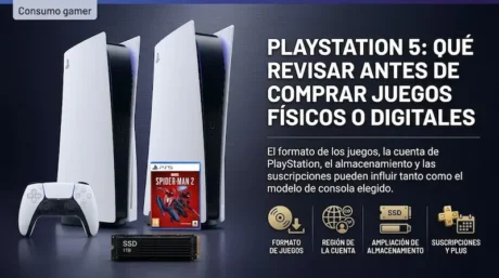 Consolas PlayStation 5, control DualSense, juego físico y unidad SSD sobre fondo oscuro