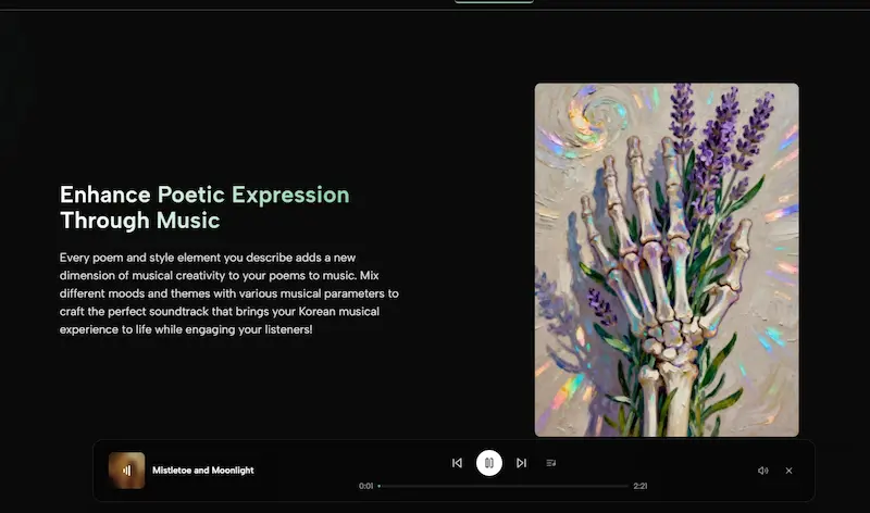 Screenshot of a music page section with a skeleton hand artwork, flowers and an audio player