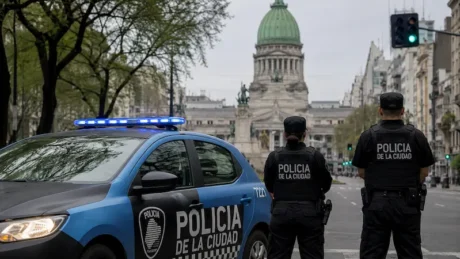Patrullero y agentes de la Policía de la Ciudad frente a un edificio institucional en Buenos Aires