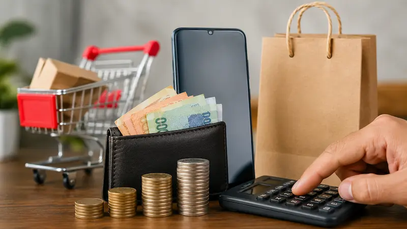 prestamo hot sale compra cuotas Celular, billetera con billetes, monedas, carrito de compras y calculadora sobre una mesa