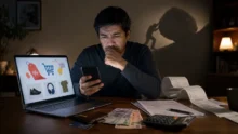 Hombre preocupado mira el celular frente a una computadora con ofertas, facturas y calculadora