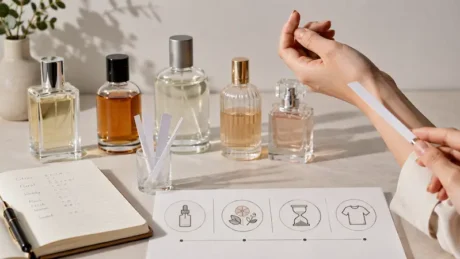 Frascos de perfume, tiras de prueba y una persona probando una fragancia en la muñeca