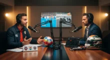 Dos conductores conversan en un estudio de radio con micrófonos, pelota de futsal, casco y pantallas deportivas