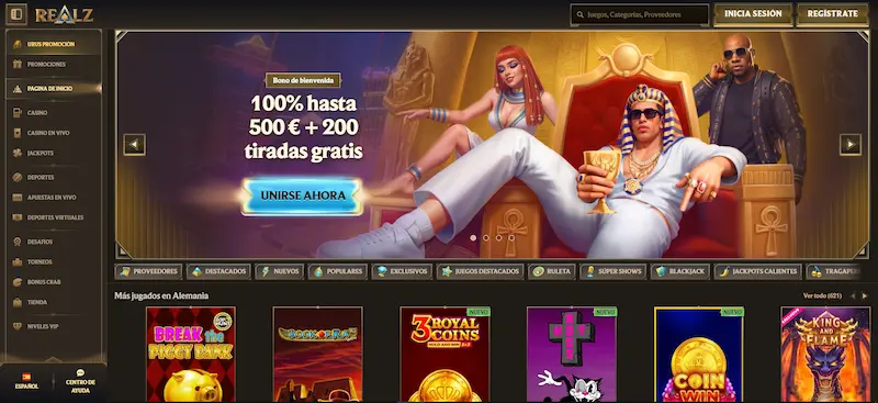 Captura de Realz con bono de bienvenida y juegos destacados en la página principal