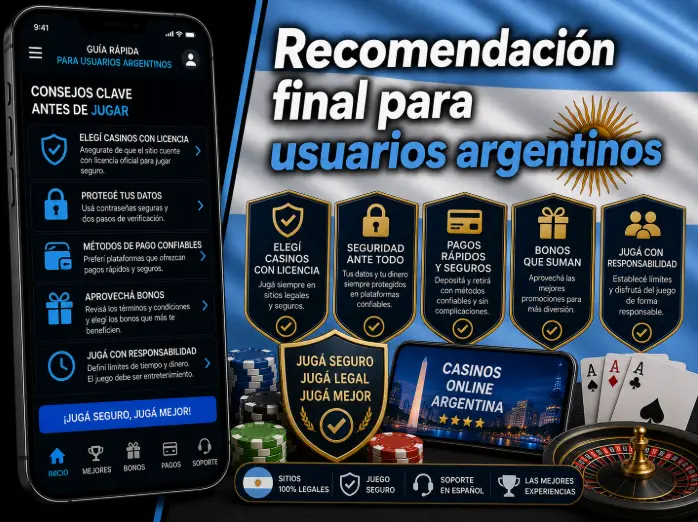 Imagen ilustrativa con consejos para usuarios argentinos, celulares, escudos, cartas, fichas y ruleta.