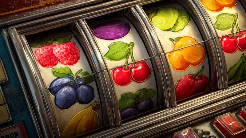Primer plano de rodillos de una tragamonedas con símbolos de frutas