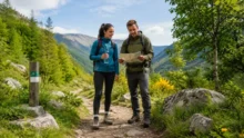 Dos senderistas consultan un mapa en una ruta de montaña con mochilas y botella de agua