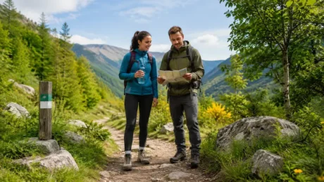 Dos senderistas consultan un mapa en una ruta de montaña con mochilas y botella de agua